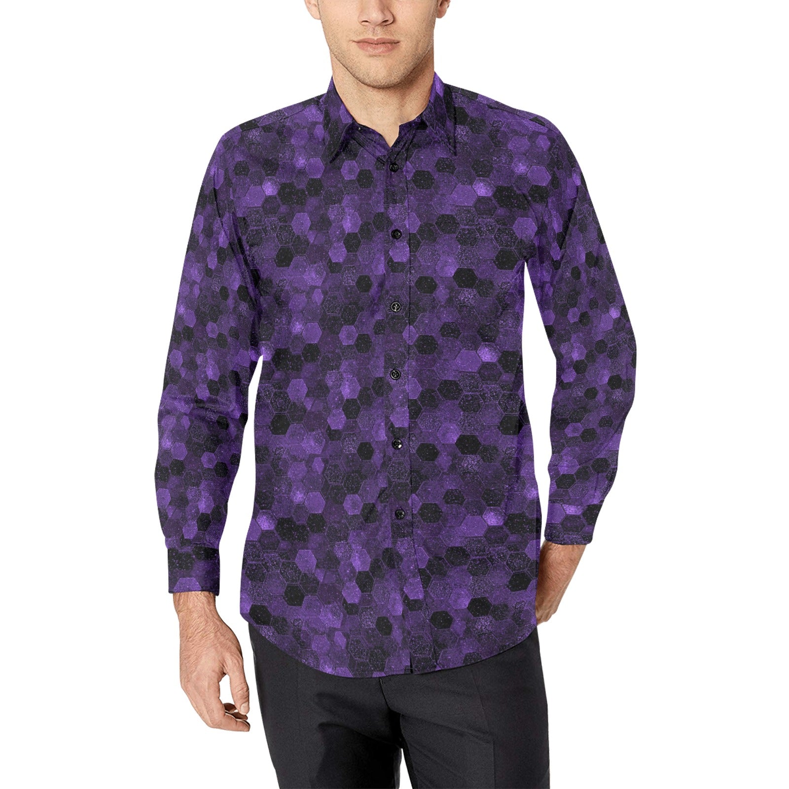 Black Purple Long Sleeve Men Button Up Shirt, Hexagonal Two Tone Combo