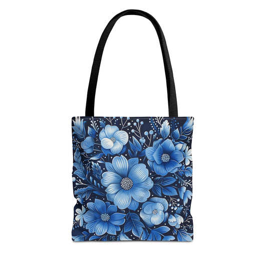 Blue Floral Tote Bag, Navy Flowers Cute Canvas Shopping Small Large Travel Reusable Aesthetic Shoulder Bag Purse