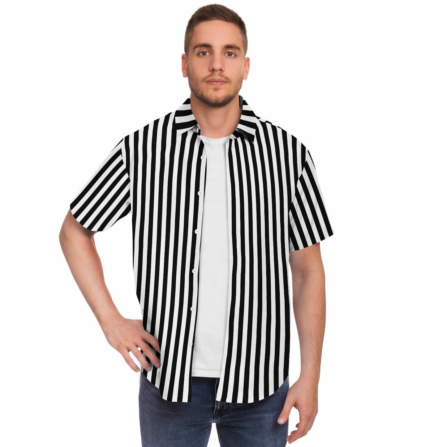 Black and White Vertical Striped Men Button Up Shirt, Short Sleeve Print Casual Buttoned Down Summer Male Guys Collared Designer Dress