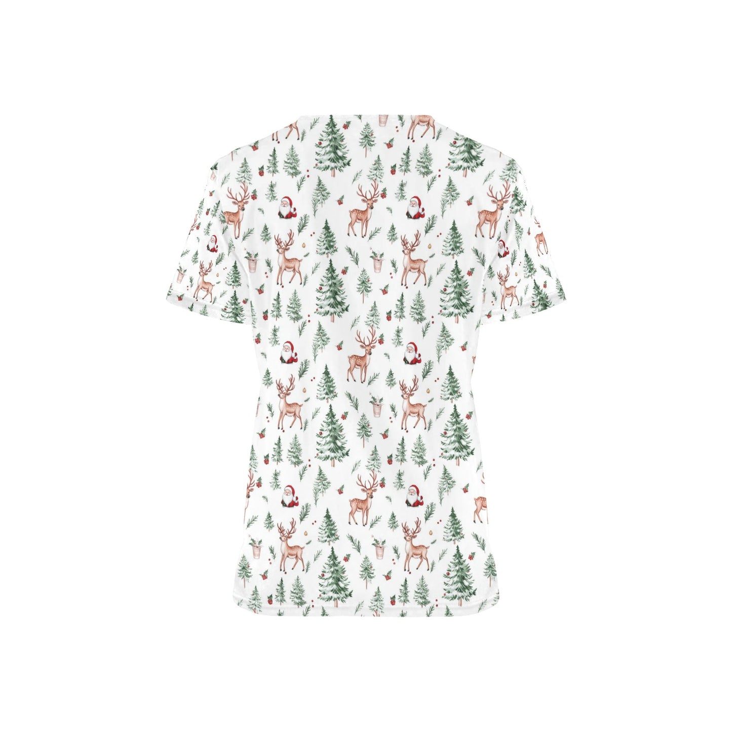 White Christmas Medical Scrubs Top Women, Reindeer Ladies Female Plus Size Nursing Nurse Vet Veterinary Assistant Uniform V Neck Pockets