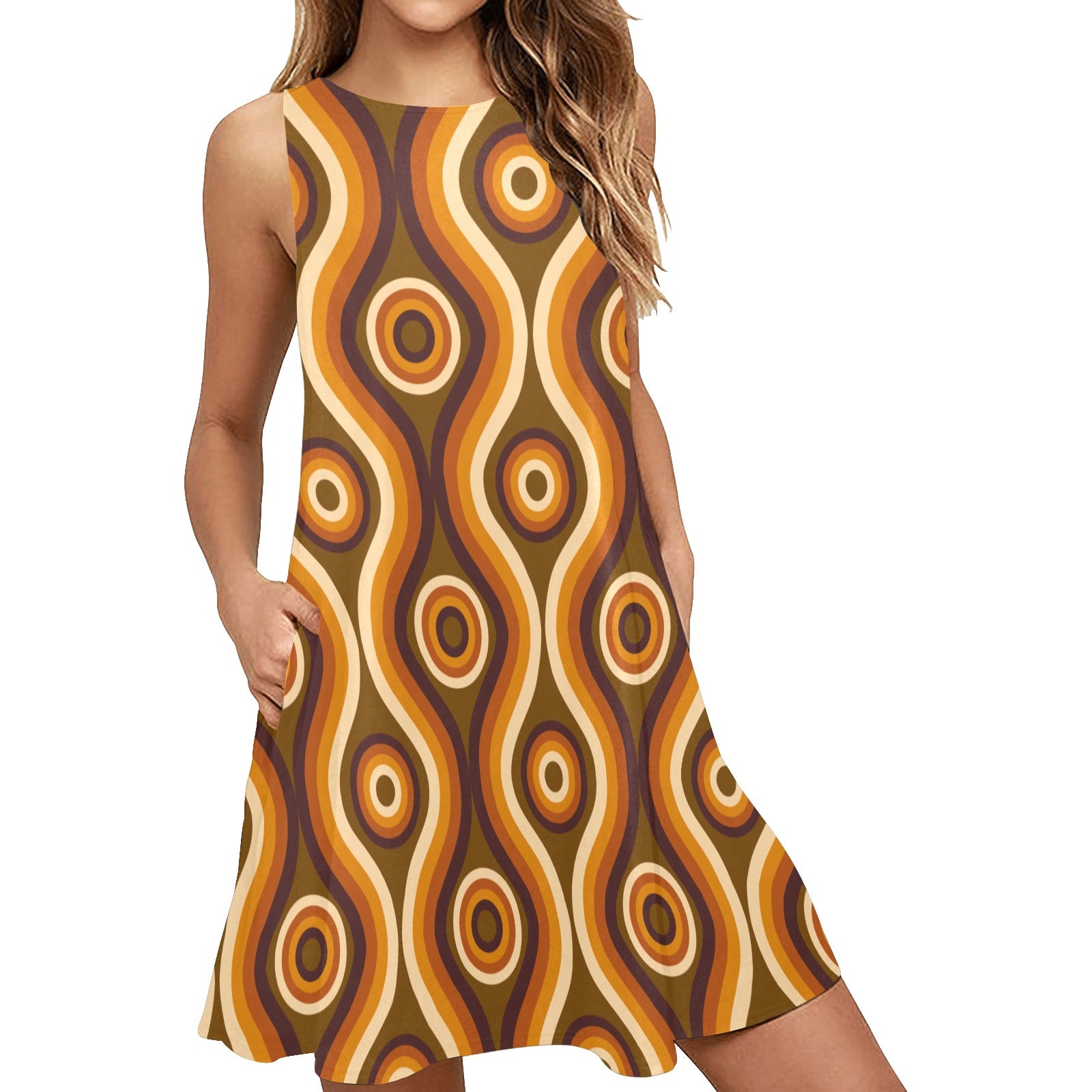 Retro Brown Wavy Tank Dress Women Pockets, Striped Ladies Groovy 70s 1970s Vintage Print Summer Sleeveless Mini Short Cute Handmade Outfits XL Retro Brown Wavy Tank Dress Women Pockets, Striped Ladies Groovy 70s 1970s Vintage Print Summer Sleeveless Mini Short Cute Handmade Outfits XL