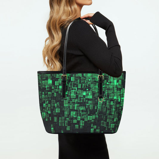 Dark Green Tote Bag Purse, Sci Fi Coding Cyber Futuristic Art Women Vegan Leather Handbag Zip on Top Designer Handmade Shoulder Ladies Bag