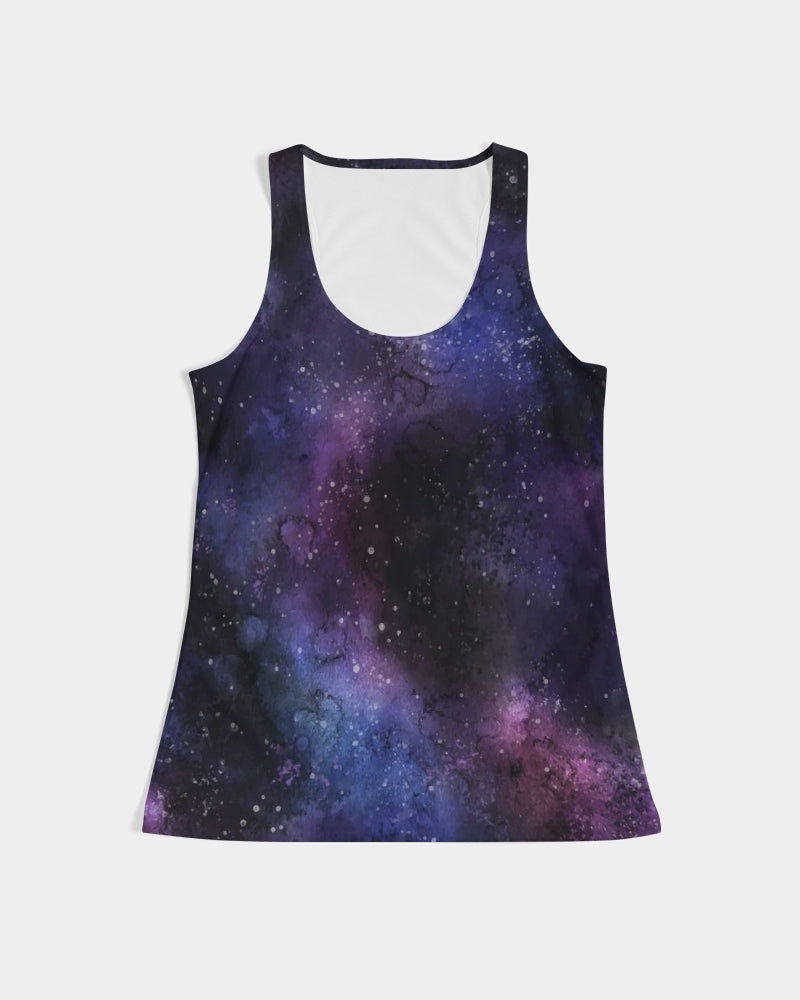 Galaxy Women Tank Top, Space Universe Print Purple Festival Yoga Workout Sexy Summer Muscle Sleeveless Female Designer Shirt Tee