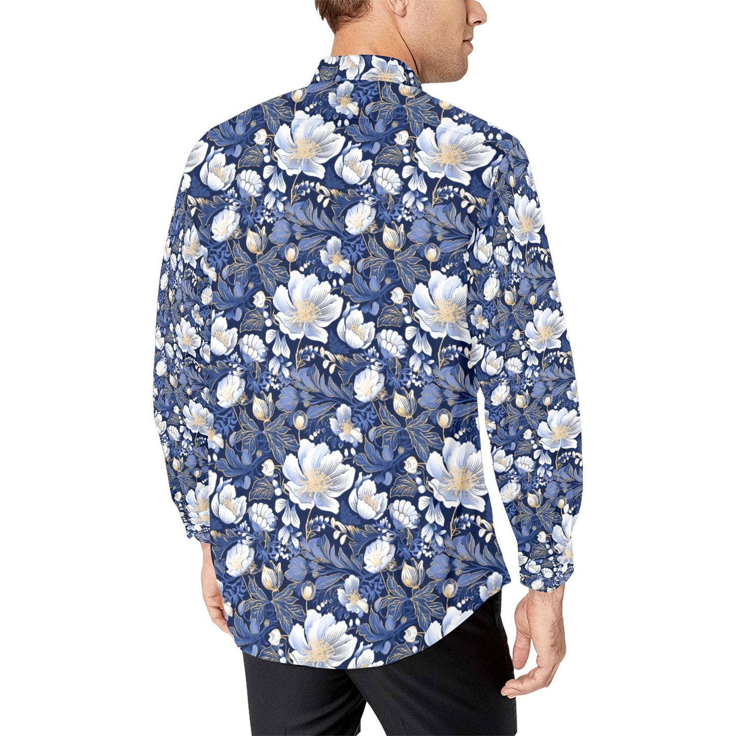 Blue White Gold Floral Long Sleeve Men Button Up Shirt, Flowers Print Buttoned Down Collar Casual Dress Shirt with Chest Pocket Starcove Fashion