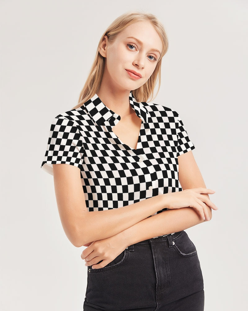 Black White Checkered Women Button Up Shirt, Racing Check Short Sleeve Print Buttoned Down Summer Ladies Collared Designer Dress Blouse Top