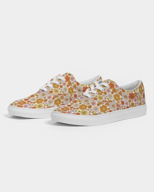 Retro Pink Orange Floral Women Shoes, Groovy Vintage Flowers Sneakers Canvas White Low Top Lace Up Female Girls Ladies Flat Shoes
