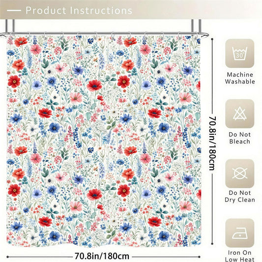 Red Blue Floral Shower Curtain with Hooks Rings, Nature Flowers White Fabric Waterproof Unique Bath Bathroom Decor Housewarming Home Gift