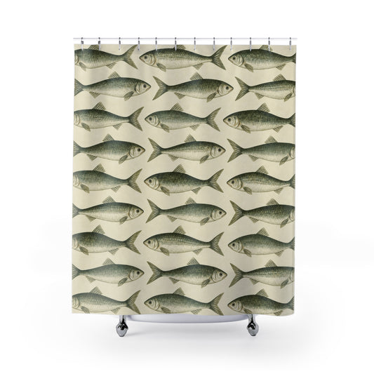 Coastal Scandinavian Fish Shower Curtain, Sage Green Sardine Nautical Ocean Bathroom Decor Waterproof Fabric Housewarming Gift 71" x 74"