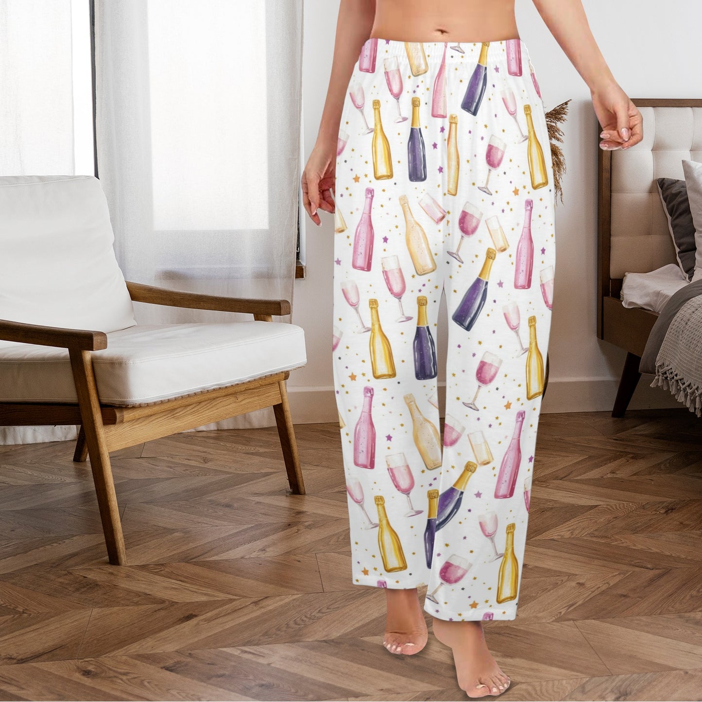 Champagne Bottles Women Pajamas Pants, Wine Glasses Gold Pink Satin PJ Girls Trip Bachelorette Trousers Matching Ladies Bottoms Bridesmaid