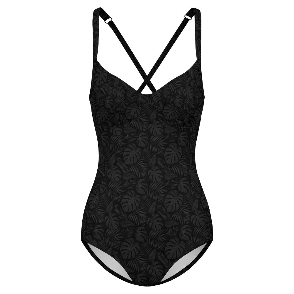 Black Tropical Leaf One Piece Swimsuit Women, Palm Tree Monstera Cute Designer Swim Swimming Sexy Bathing Suits Body Ladies Swimwear