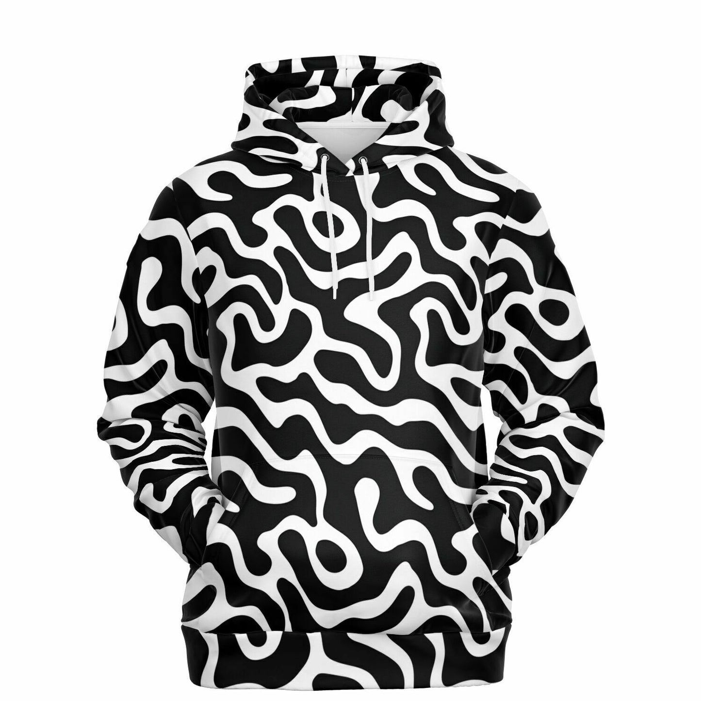 Black White Hoodie, Trippy Psychedelic Wavy Groovy Funky Pullover Men Women Adult Aesthetic Graphic Cotton Hooded Sweatshirt Pockets