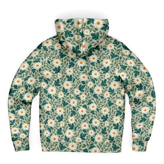 Daisy Zip Up Fleece Lined Hoodie, Floral Green Flowers Sherpa Heavyweight Full Zipper Pocket Men Women Unisex Hooded Sweatshirt Jacket