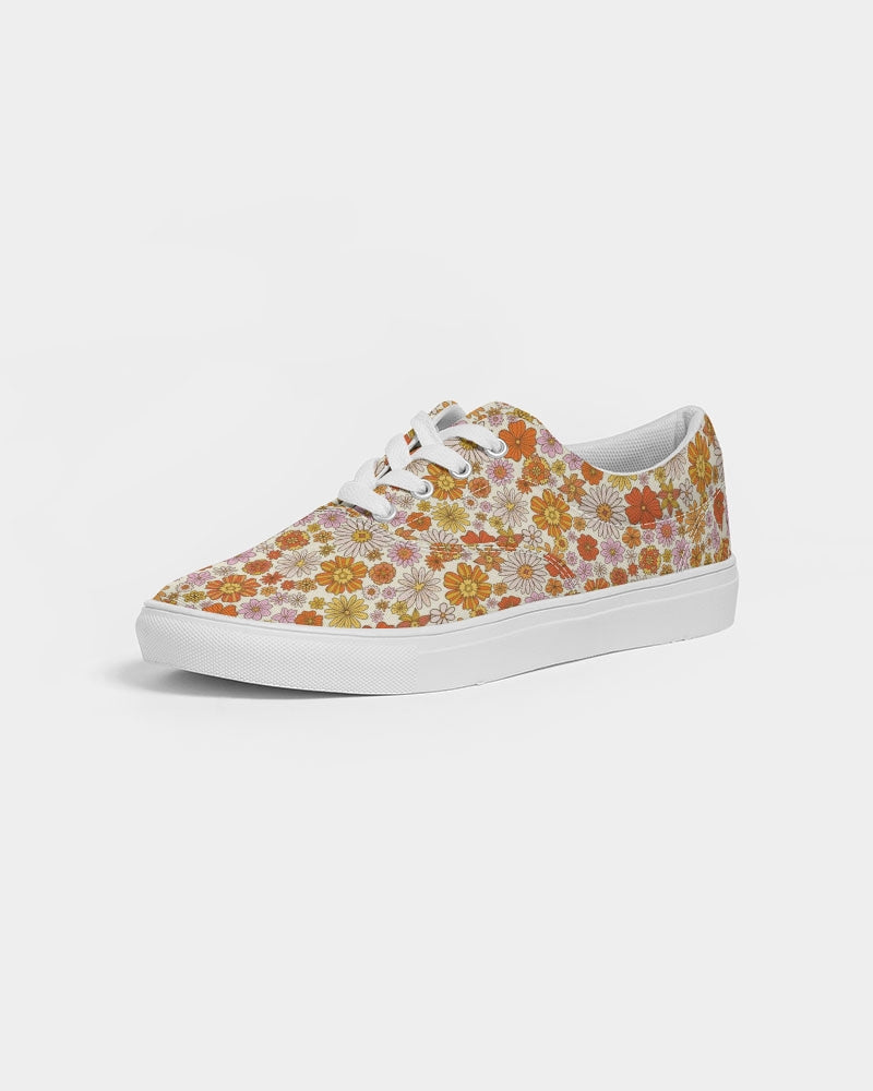 Retro Pink Orange Floral Women Shoes, Groovy Vintage Flowers Sneakers Canvas White Low Top Lace Up Female Girls Ladies Flat Shoes