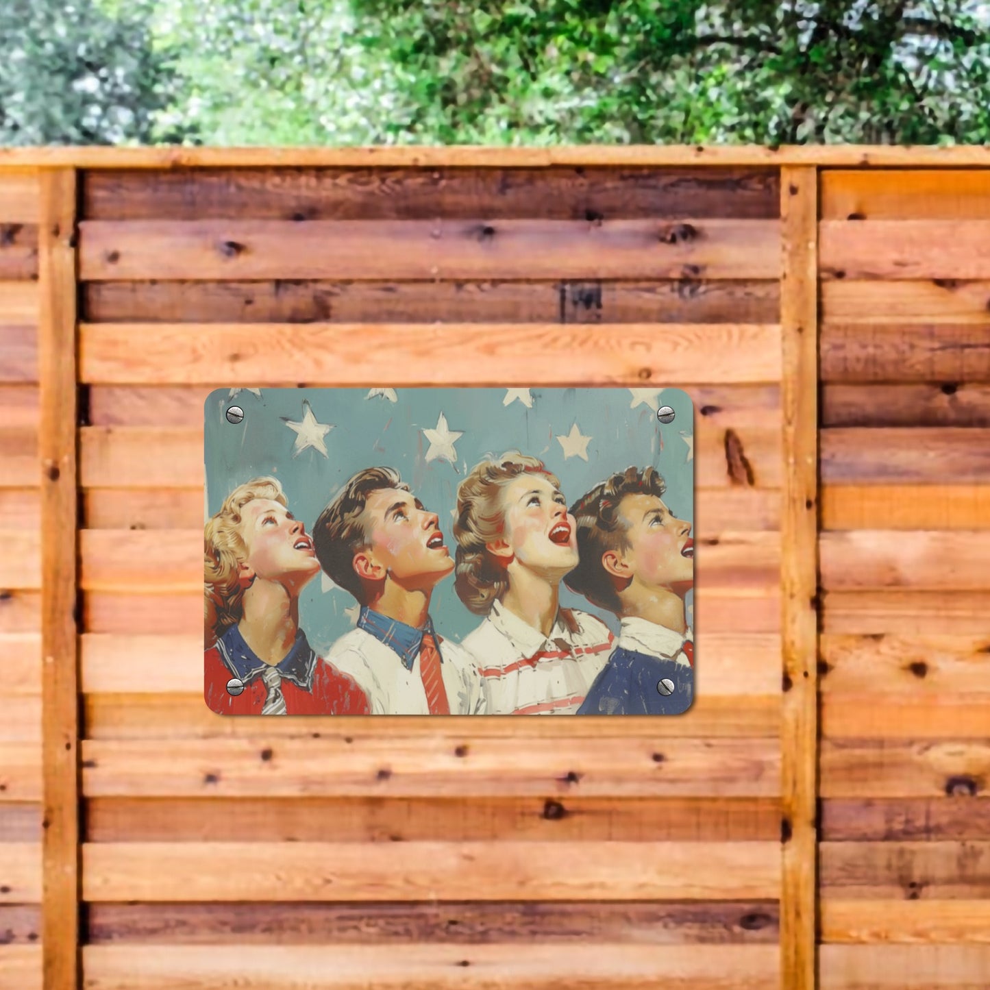 Patriotic American Flag Vintage Metal Tin Signs, Retro Singing 4th of July Red White Blue Wall Art Hanging Garage Tacker Original Outdoor