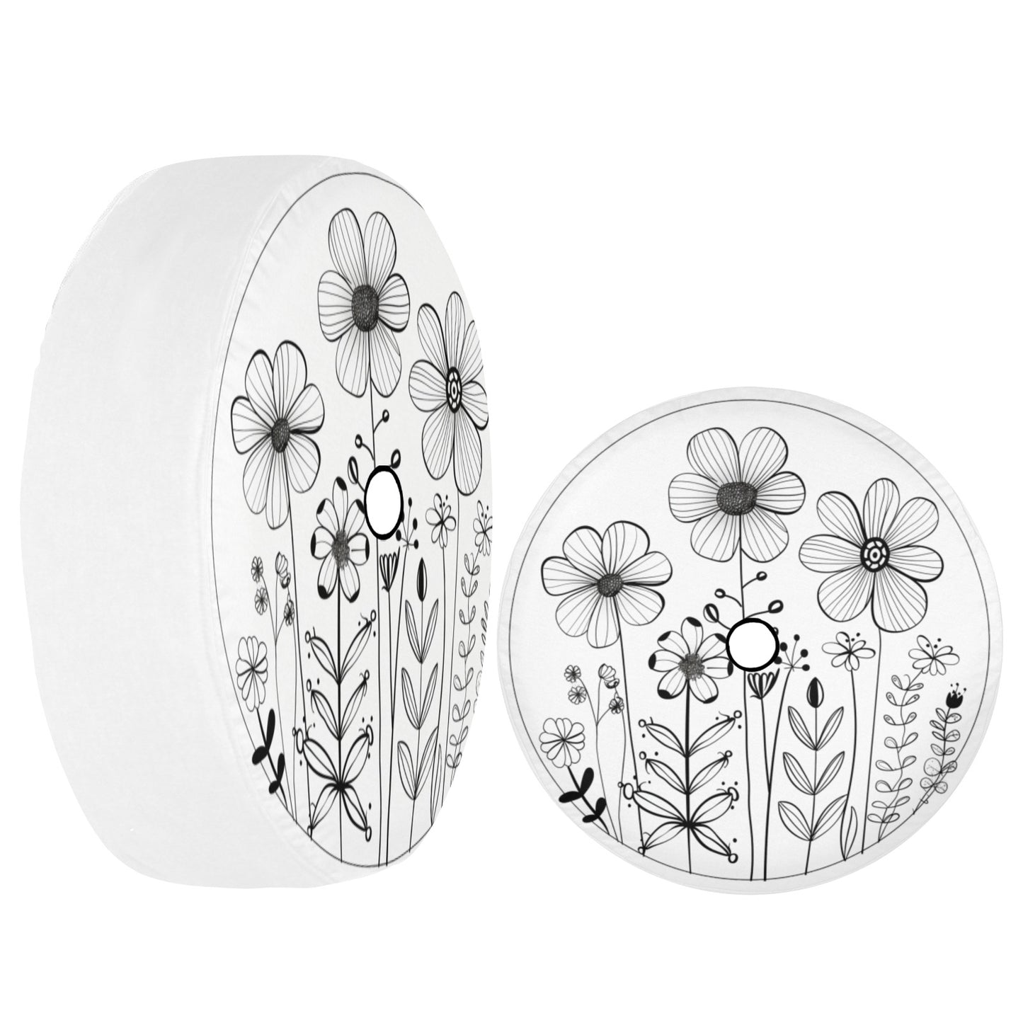 Wild Flowers Spare Tire Cover, Floral Drawing White Rear Extra Back Wheel RV Unique Design Backup Camera Hole Trailer Women Camper Motorhome