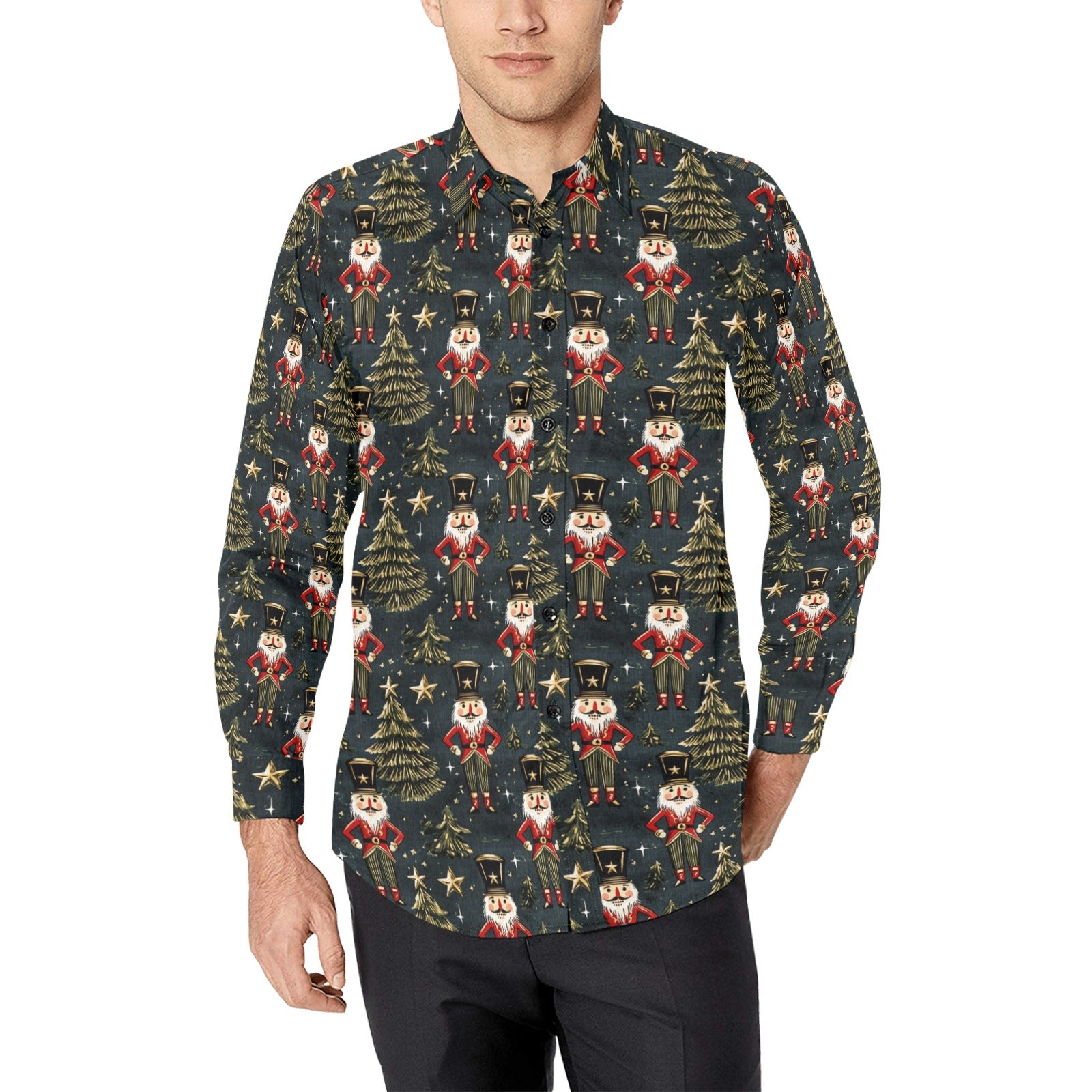 Nutcracker Christmas Long Sleeve Men Button Up Shirt, Xmas Trees Green Casual Buttoned Collared Designer Male Guys Dress Shirt Chest Pocket 2XL Nutcracker Christmas Long Sleeve Men Button Up Shirt, Xmas Trees Green Casual Buttoned Collared Designer Male Guys Dress Shirt Chest Pocket 2XL