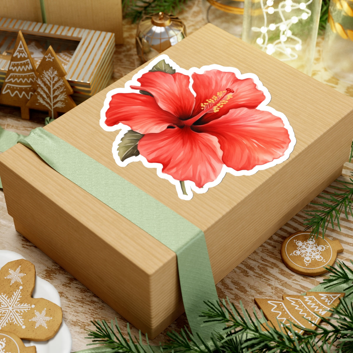 Red Hibiscus Sticker Decal, Tropical Hawaiian Flower Art Vinyl Laptop Waterbottle Tumbler Car Waterproof Bumper Clear Aesthetic Wall