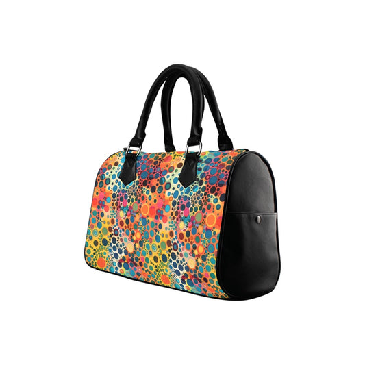 Psychedelic Top Handle Handbag, Retro Vintage Colorful Print Dots Art Purse Canvas and Leather Barrel Type Designer Accessory Women Bag