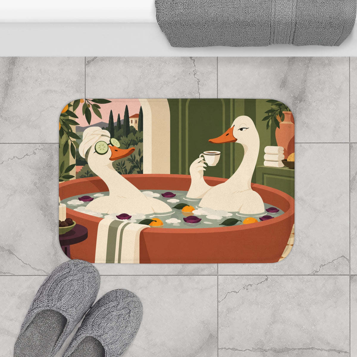 Funny Duck Bath Mat, Mediterranean Spa Memory Foam Cute Shower Bathroom Decor Non Slip Floor Large Small Washable Quick Dry Luxury Rug