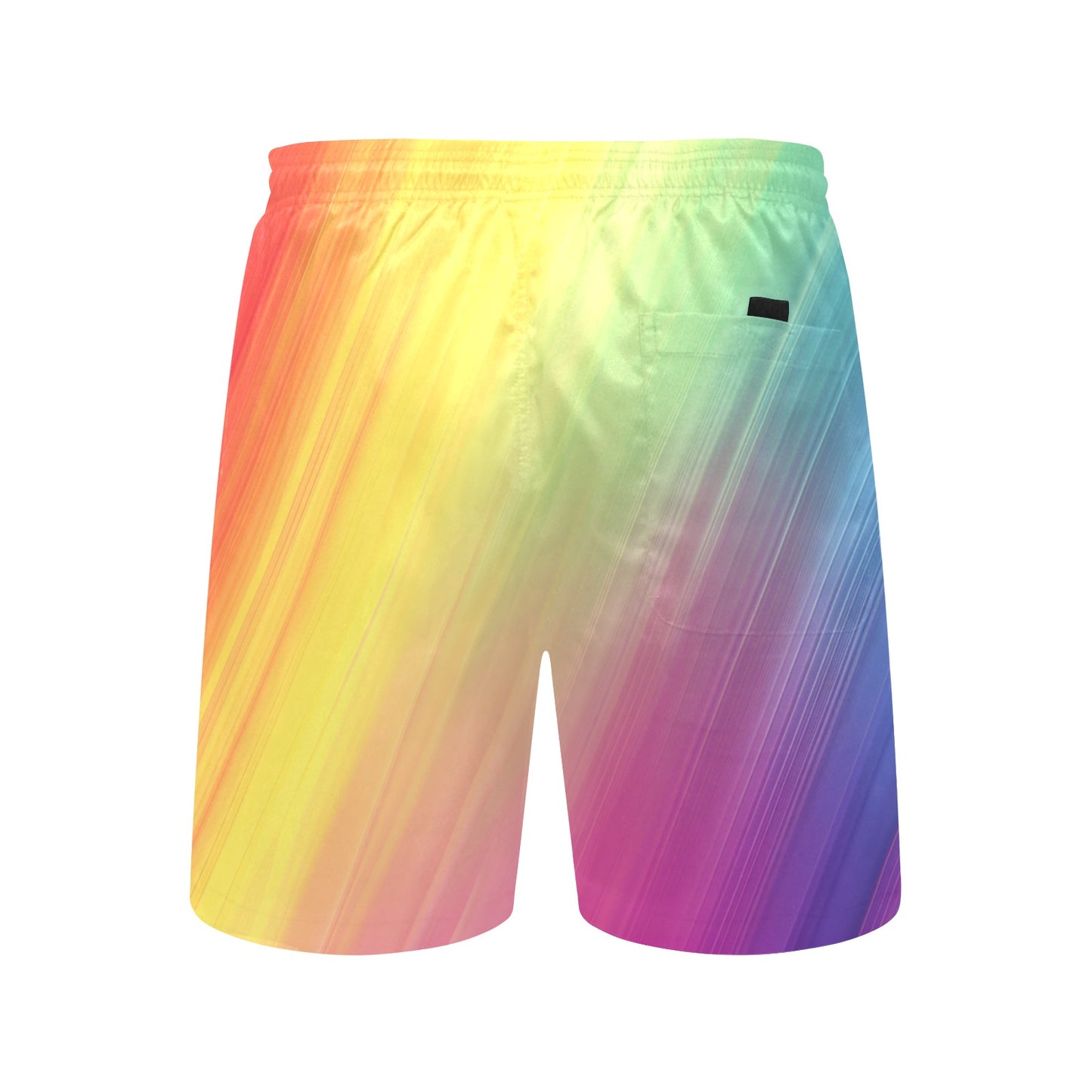 Rainbow Men Swim Trunks, Colorful Striped Pride Guys Mid Length Shorts Beach Pockets Mesh Lining Drawstring Bathing Suit Plus Size Swimwear