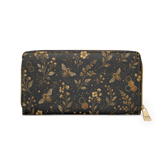 Bee Floral Leather Wallet Women, Honeycomb Flowers Vegan Zipper Zip Around Coins Credit Cards Pocket Cash Ladies Female Pouch Slim Purse
