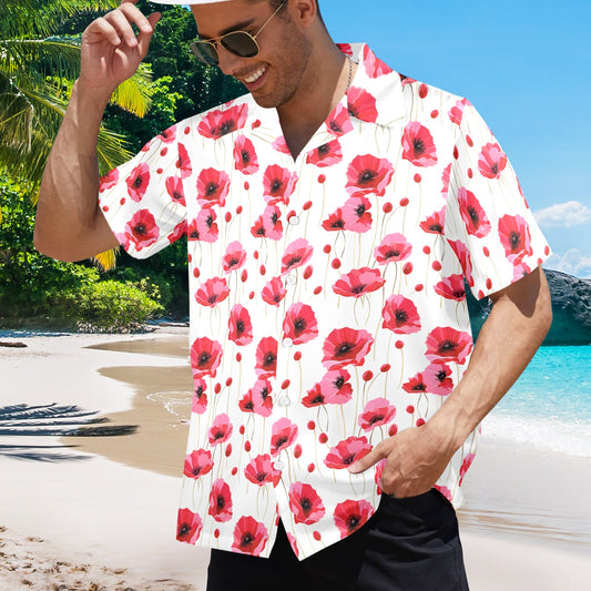 California Poppy Men Hawaiian shirt, Red Floral Flowers Beach Vintage Aloha Hawaii Retro Tropical Plus Size Pocket Guys Button Down