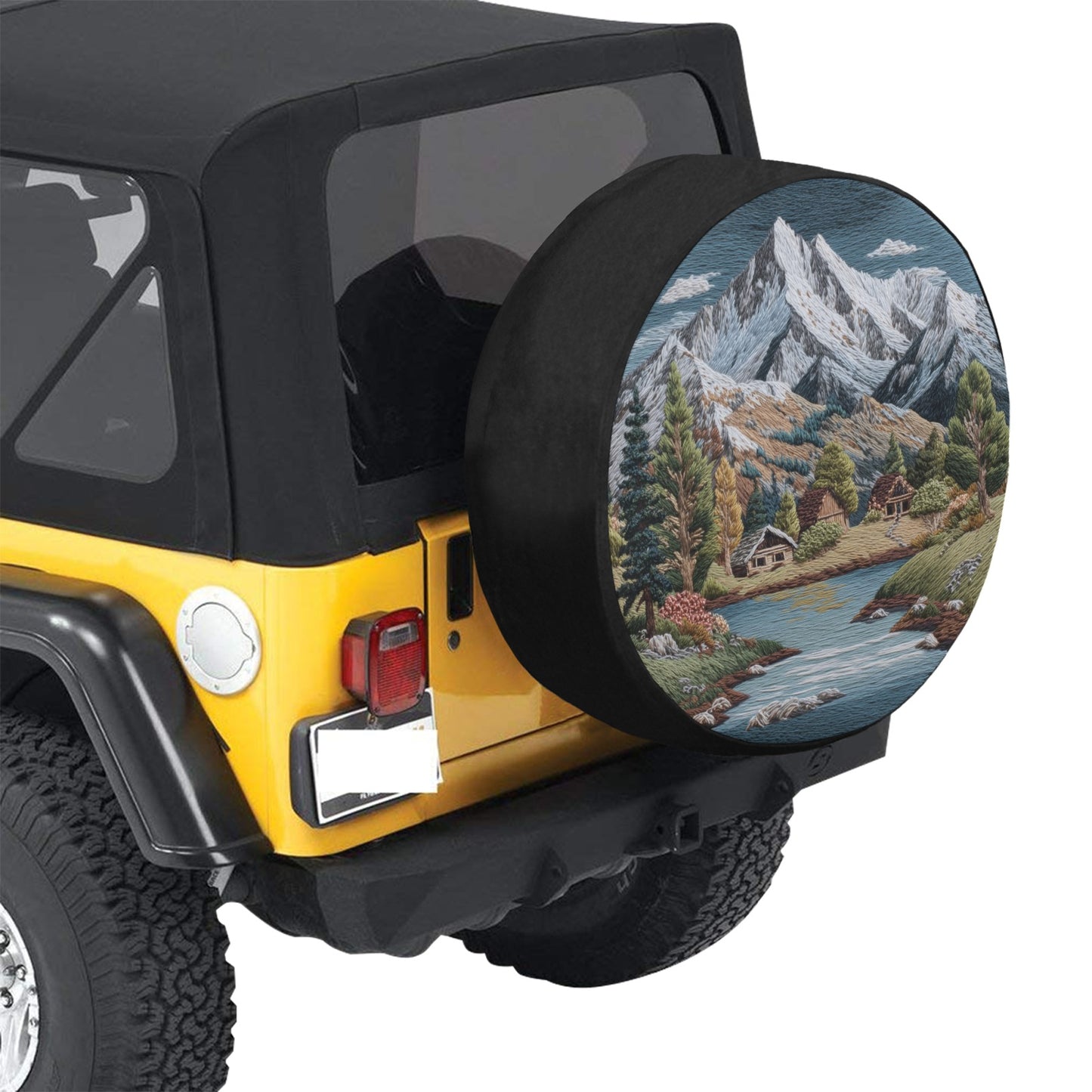 Mountains Spare Tire Wheel Cover, River Trees Faux Embroidery Back Up Camera Hole Design Backup Rear RV Car Camper Truck Trailer Motorhome