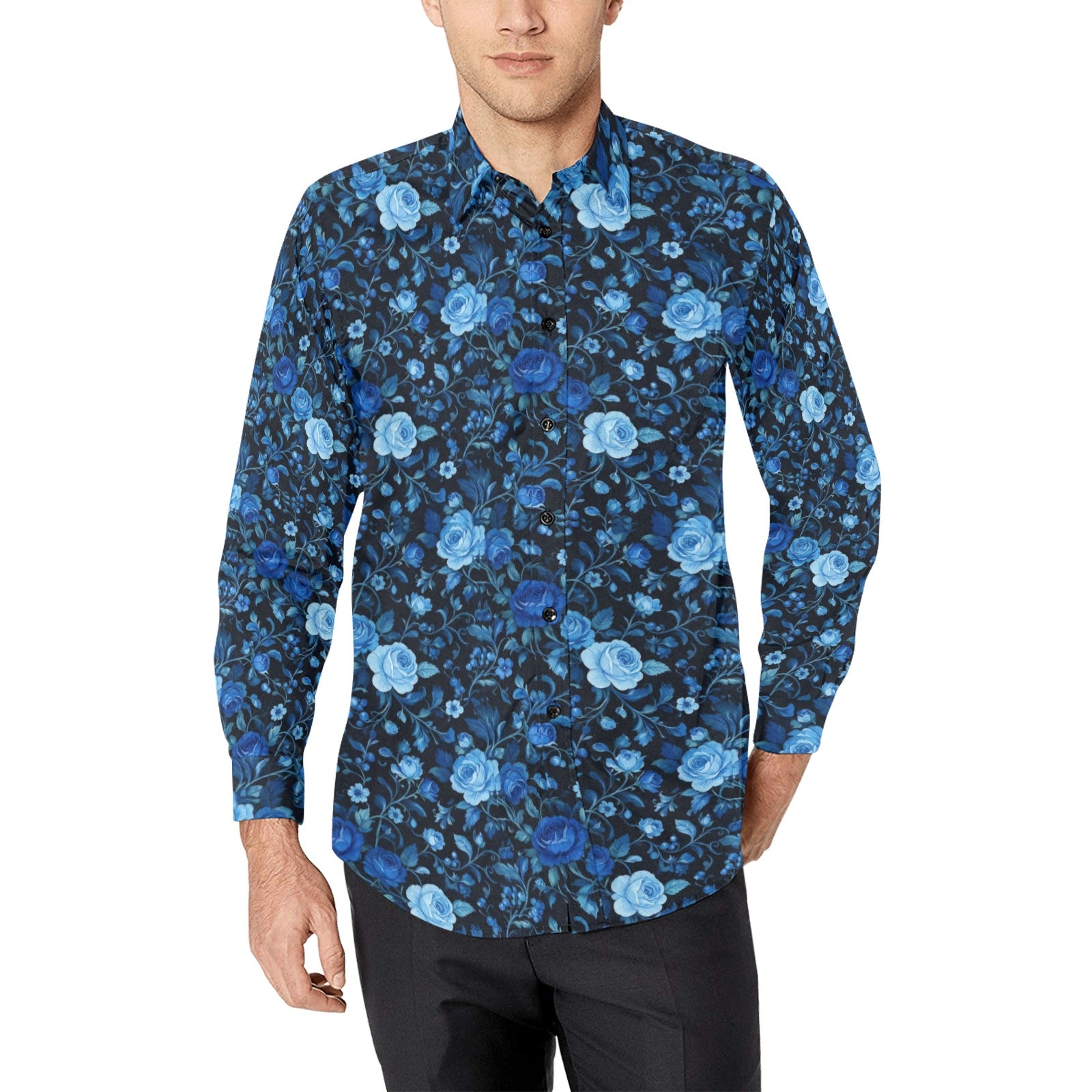 Black Blue Floral Long Sleeve Men Button Up Shirt, Rose Flowers Print – Starcove Fashion