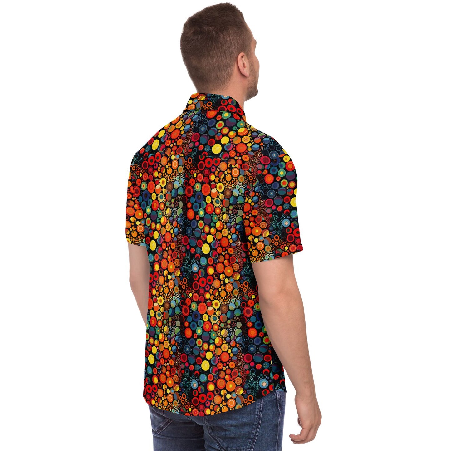 Psychedelic Men Button Up Shirt, Funky Red Colorful Fun Retro Vibrant Dot Art Vintage Short Sleeve Festival Down Guys Collared Designer