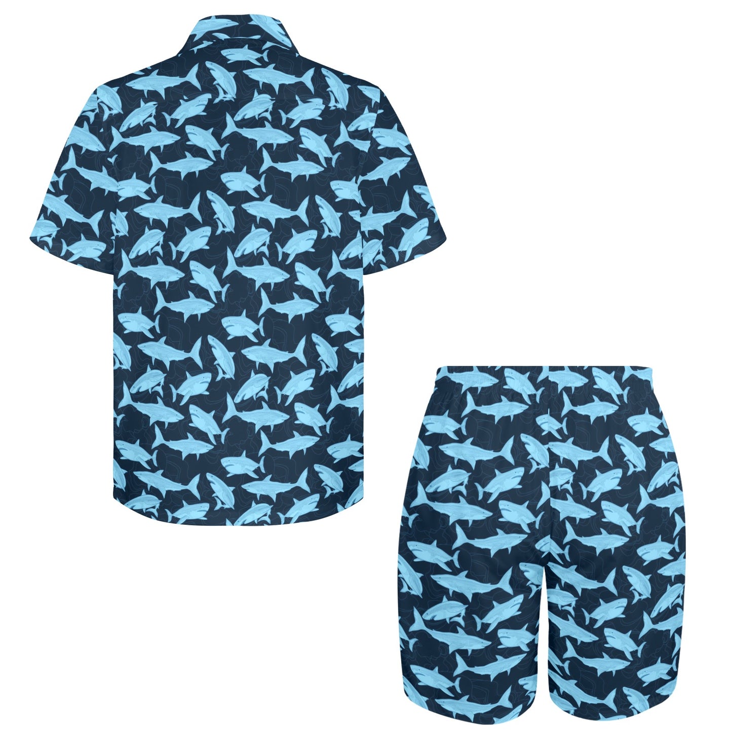 Great White Shark Shirt Shorts Outfit Set Men, Blue Marine Animal Matching Cabana Hawaiian Beach Male Summer Short Sleeve Button Up Down