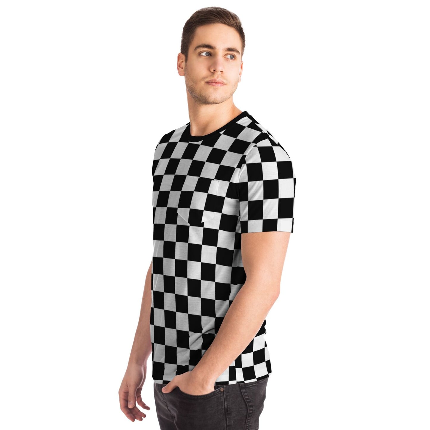 Checkered Tshirt with Pocket, Black White Check Checkerboard Designer Graphic Aesthetic Crewneck Men Women Tee Top Short Sleeve Casual Shirt