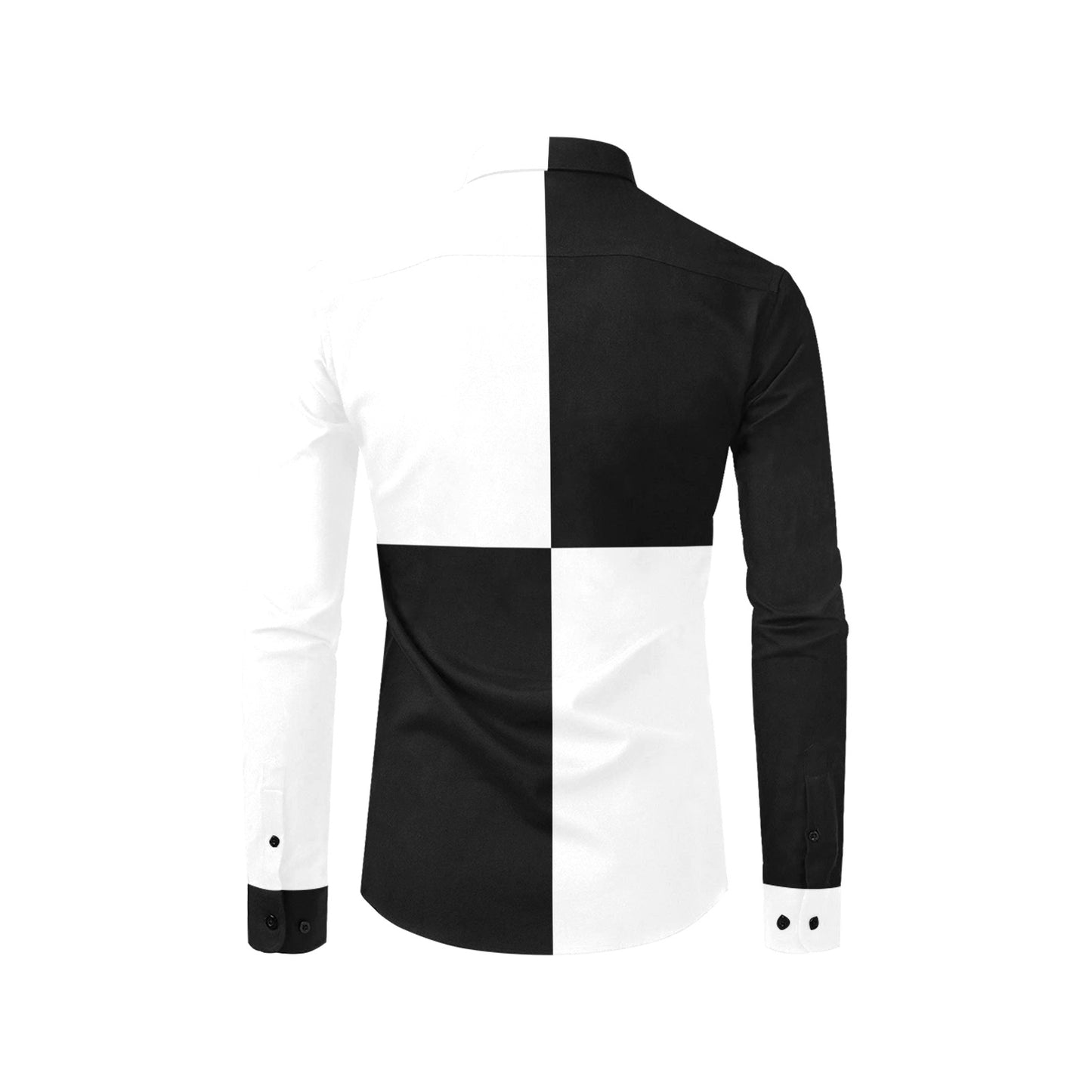 Black White Color Block Long Sleeve Men Button Up Shirt, Half Split Two Tone Combo Print Buttoned Collared Casual Male Dress Chest Pocket
