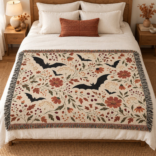 Bat Floral Woven Throw Blanket Tapestry, Halloween Autumn Fall Boho Cotton Fringe Warm Adult Kids Small Large Sofa Bed 50x60 Wall Hanging