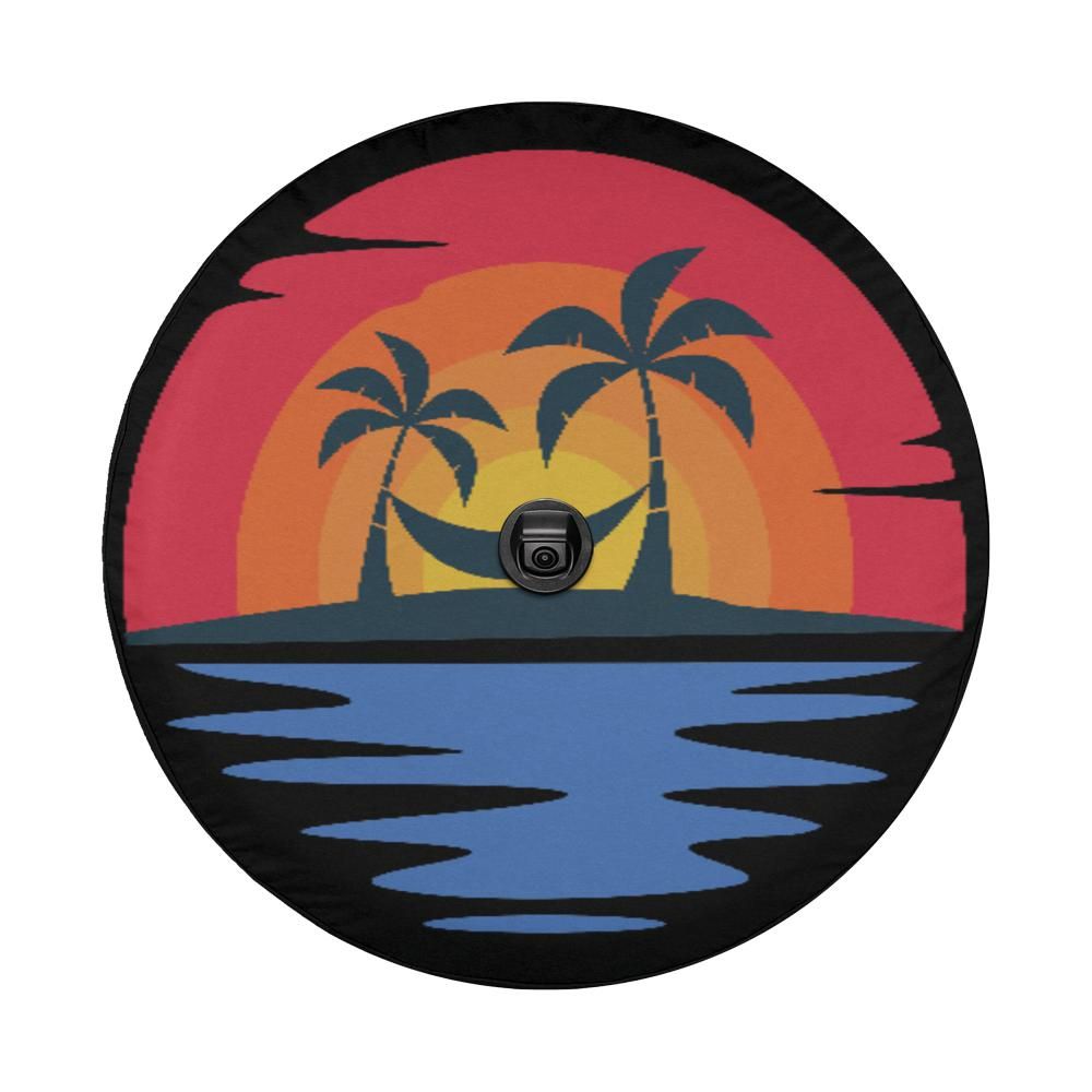 Beach Spare Tire Cover, Sunset Backup Camera Hole Rear Wheel Accessories Sun Tropical Palm Trees Custom Unique Design Trailer Camper RV Back Starcove Fashion