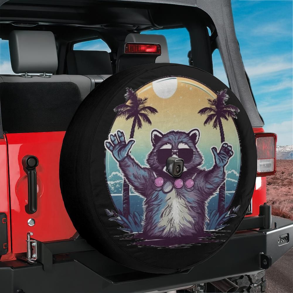 Raccoon Spare Tire Cover, Funny Animal Rear Backup Camera Hole Hawaiian Back Rear Wheel Accessories Beach Unique Design RV Camper Camping