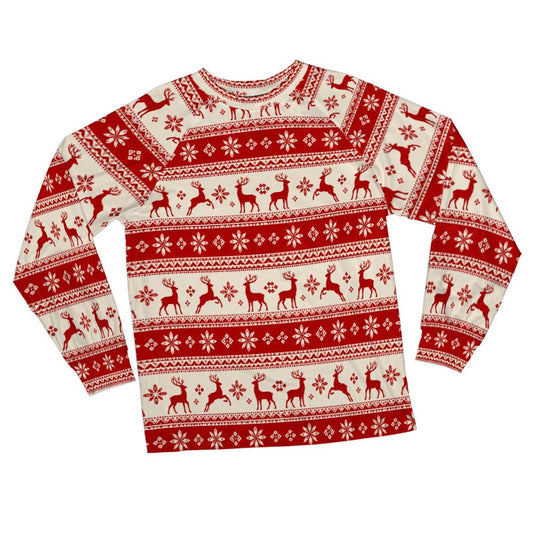 Red Reindeer Pajamas Set, Nordic Christmas Fair Isle Unisex Men Women Ladies 2 Piece Pants Print Long Sleeve Raglan Top PJ Holiday Sleepwear