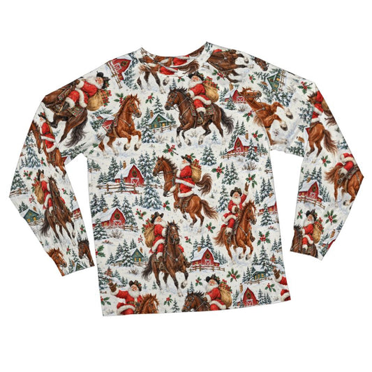 Santa Riding Horse Pajamas Set, Western Christmas Unisex Men Women Ladies 2 Piece Pants Print Long Sleeve Raglan Top PJ Holiday Sleepwear