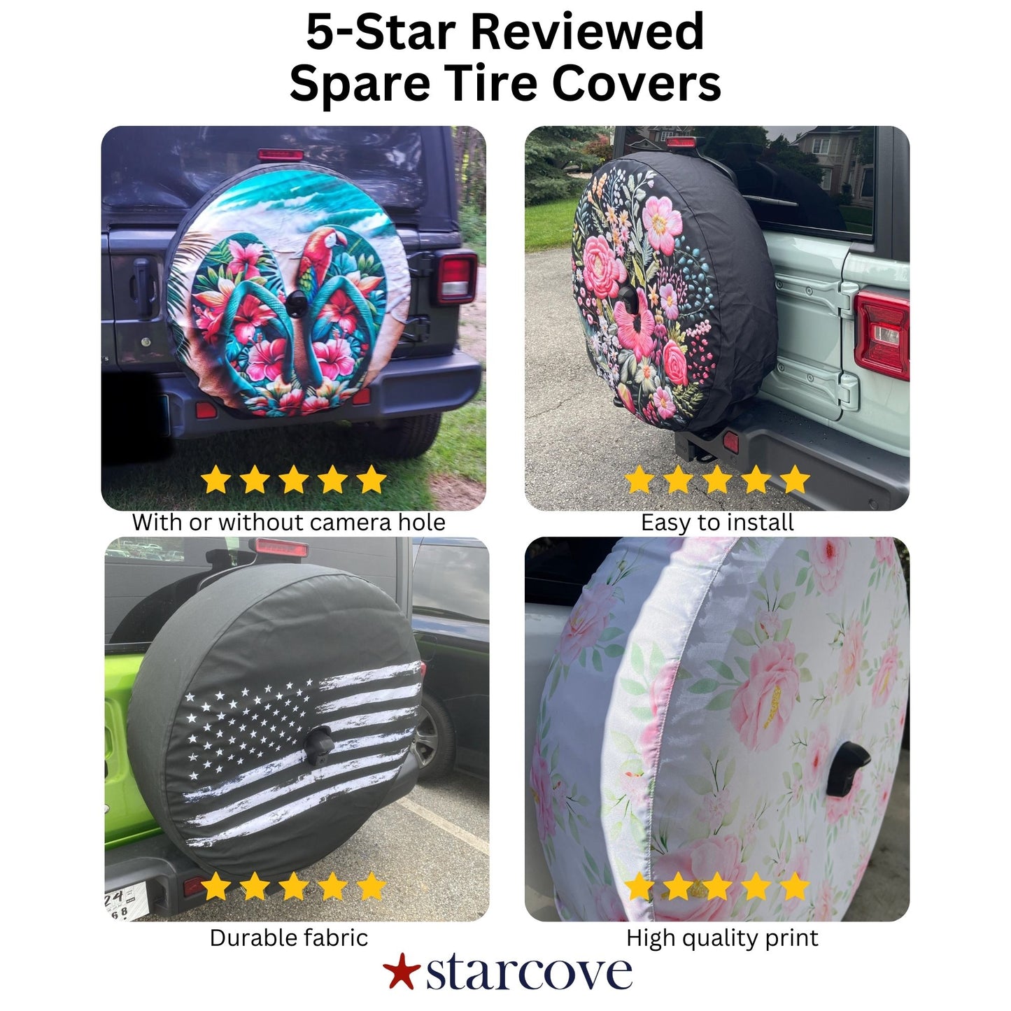 Wild Flowers Spare Tire Cover, Faux Embroidery Pastel Printed Grassy Botanicals Floral Wheel Unique Backup Camera Hole Trailer Back Women RV - Starcove Fashion