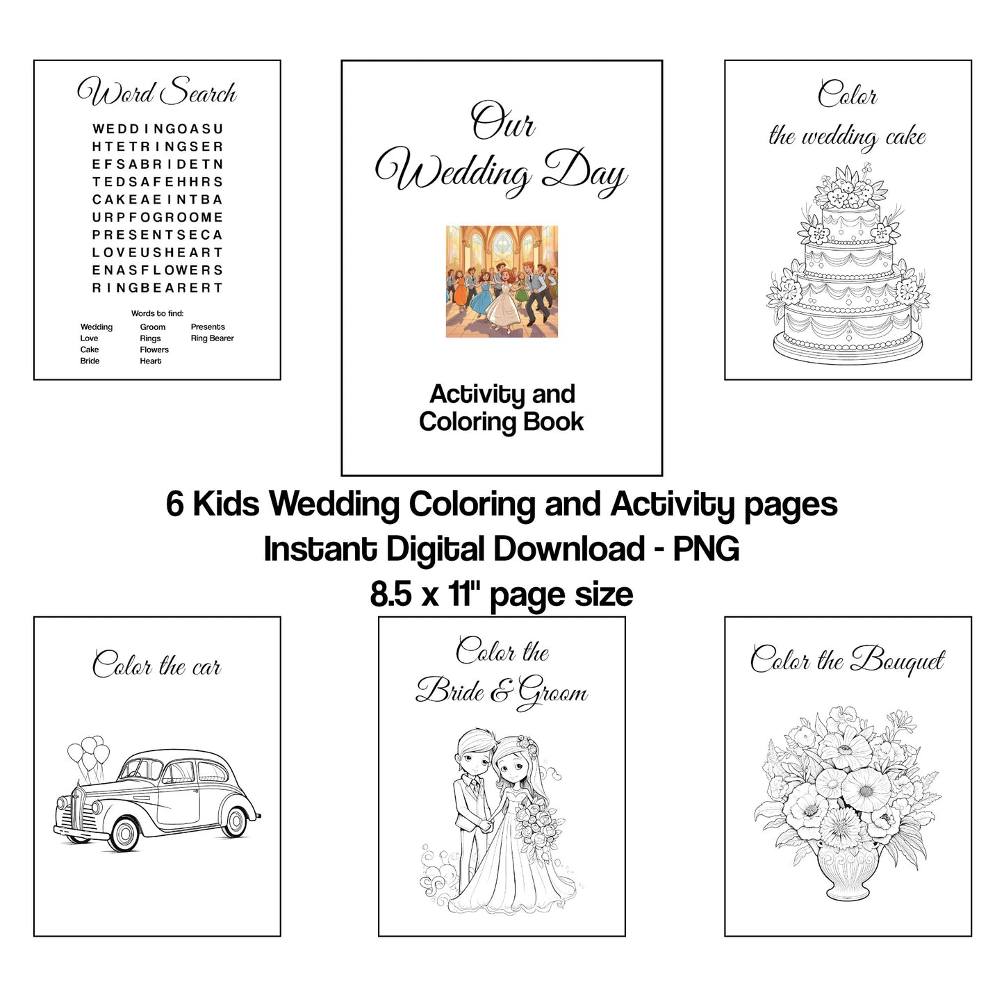 Wedding Kids Activity Book and Coloring Pages, Printable Digital Download Table Activities Children Sheets Games PNG