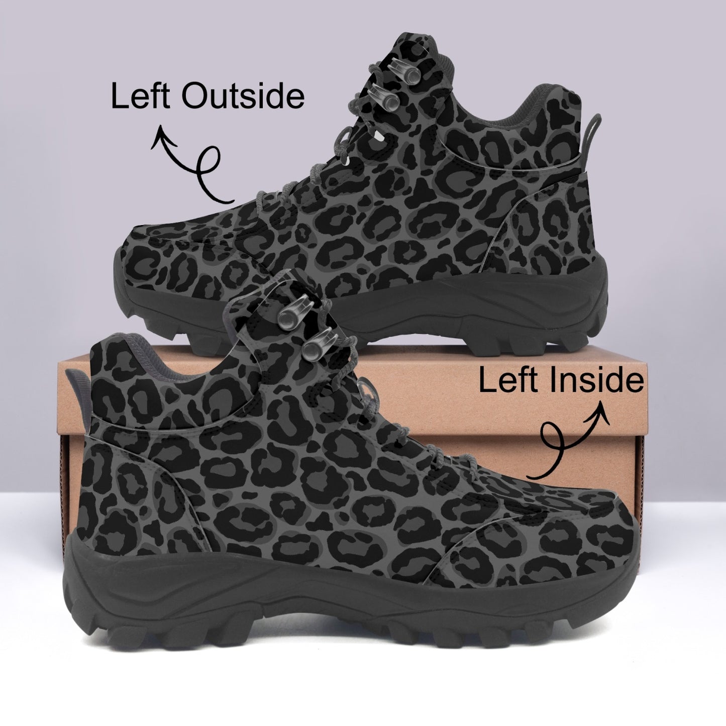 Black Leopard Hiking Leather Boots, Grey Animal Cheetah Print Men Women Lace Up Walking Hunting Rubber Shoes Print Ankle Winter Casual Work Starcove Fashion