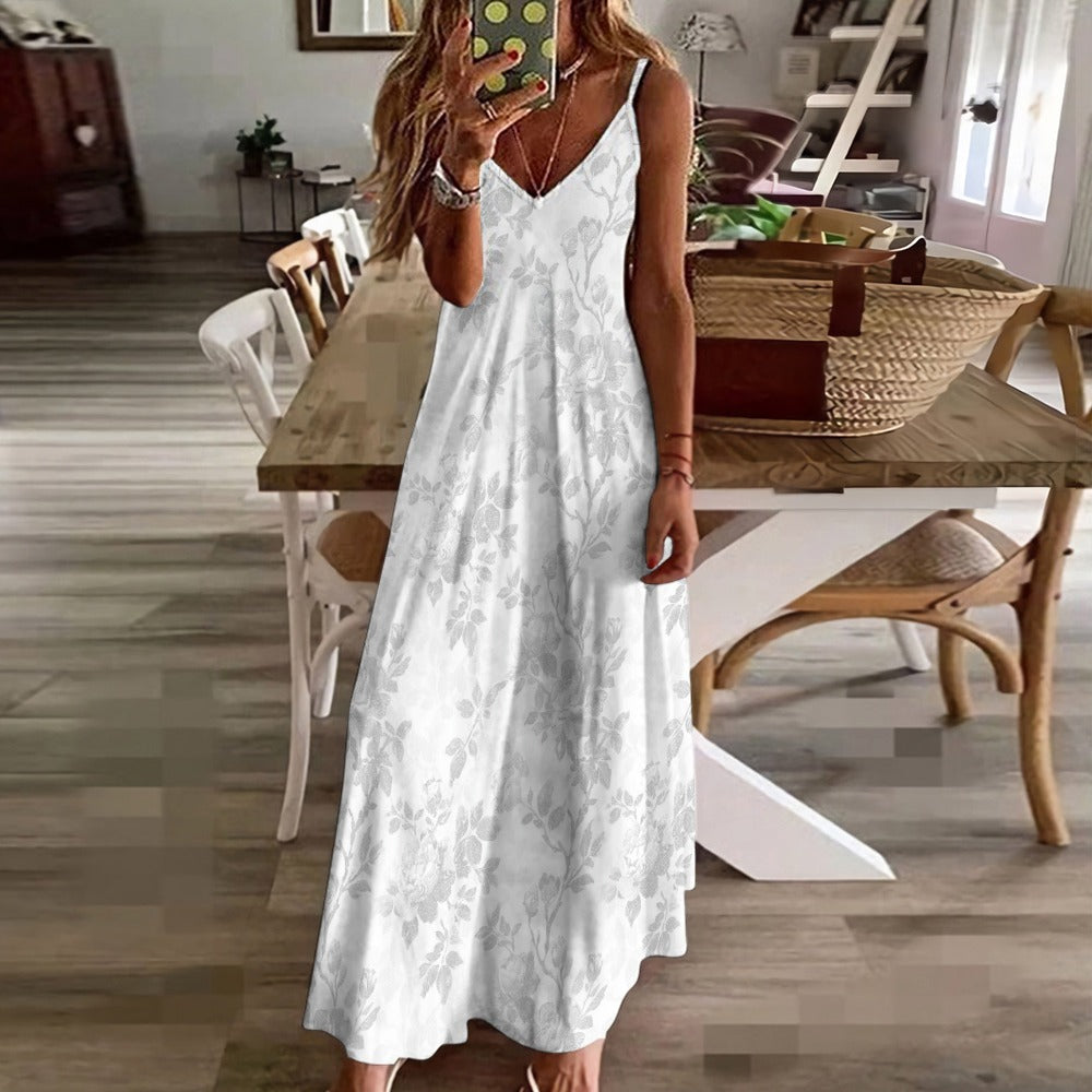 White Floral Maxi Dress, Flowers Long Spaghetti Straps Flowy Women Sleeveless Casual Cute Designer Elegant Plus Size Cocktail Party Summer 2XL / White