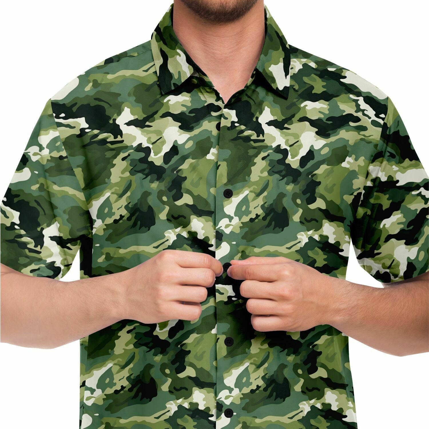 Green Short Sleeve Men Button Up Shirt, Brush Strokes Camo Camouflage Print Casual Buttoned Down Summer Collared Dress Shirt 3XL Green Short Sleeve Men Button Up Shirt, Brush Strokes Camo Camouflage Print Casual Buttoned Down Summer Collared Dress Shirt 3XL