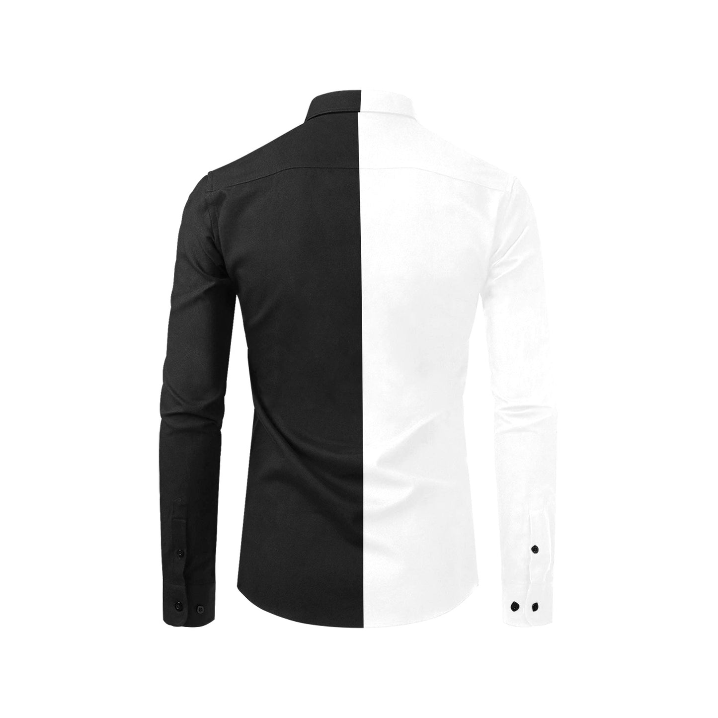 Half Black Half White Long Sleeve Men Button Up Shirt, Color Block Split Two Tone Combo Print Buttoned Collared Dress Shirt Chest Pocket - Starcove Fashion