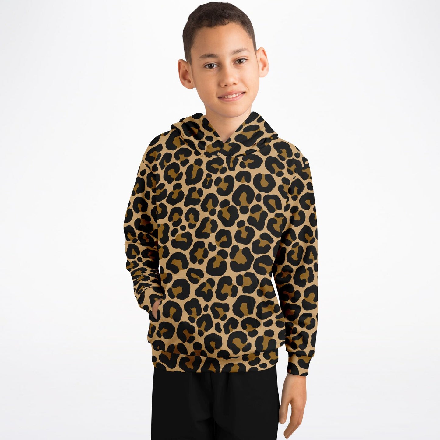 Leopard Kids Pullover Hoodie, Animal Cheetah Brown Print Girls Boy Toddler Youth Children Fleece Cozy Cotton Hooded Sweatshirt Pockets