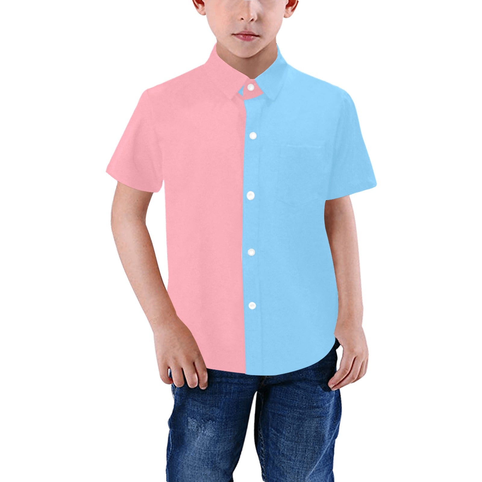 Half Pink Half Baby Blue Boys Button Up Shirt, Color Block Split Two Tone Combo Print Kids Dress Buttoned Collar Chest Pocket Short Sleeve 5XS Half Pink Half Baby Blue Boys Button Up Shirt, Color Block Split Two Tone Combo Print Kids Dress Buttoned Collar Chest Pocket Short Sleeve 5XS