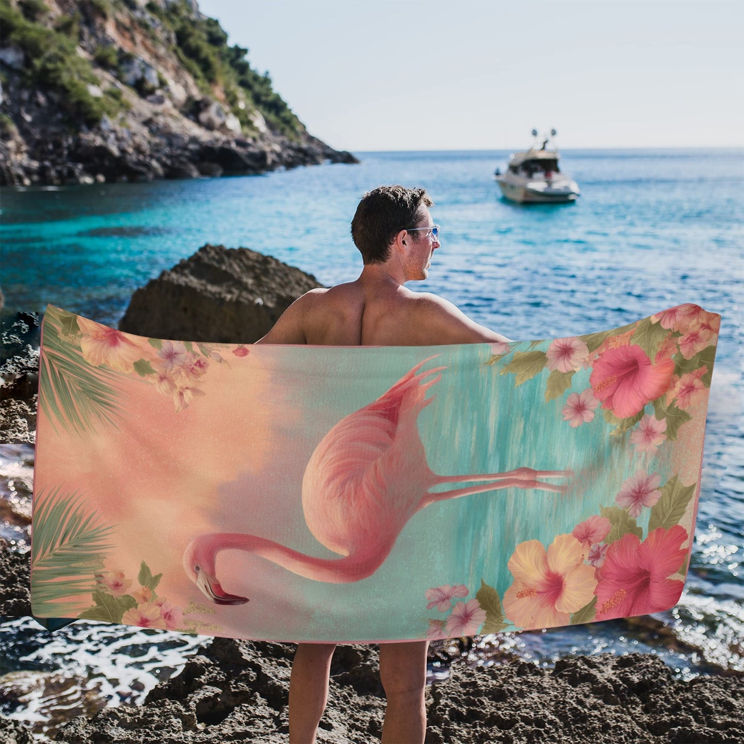 Pink Flamingo Oversized Beach Towel, Floral Ocean Sea Tropical Pool Microfiber Extra Large Swim Quick Dry Surf Designer Men Women XL Cotton