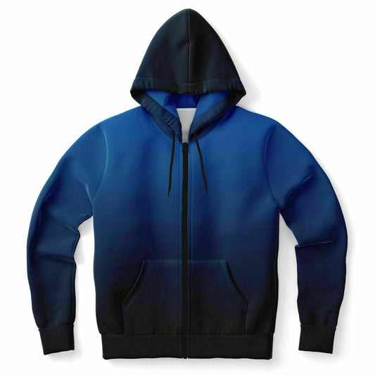 Black Blue Ombre Zip Up Hoodie, Gradient Tie Dye Full Zipper Pocket Men Women Unisex Aesthetic Cotton Fleece Hooded Sweatshirt