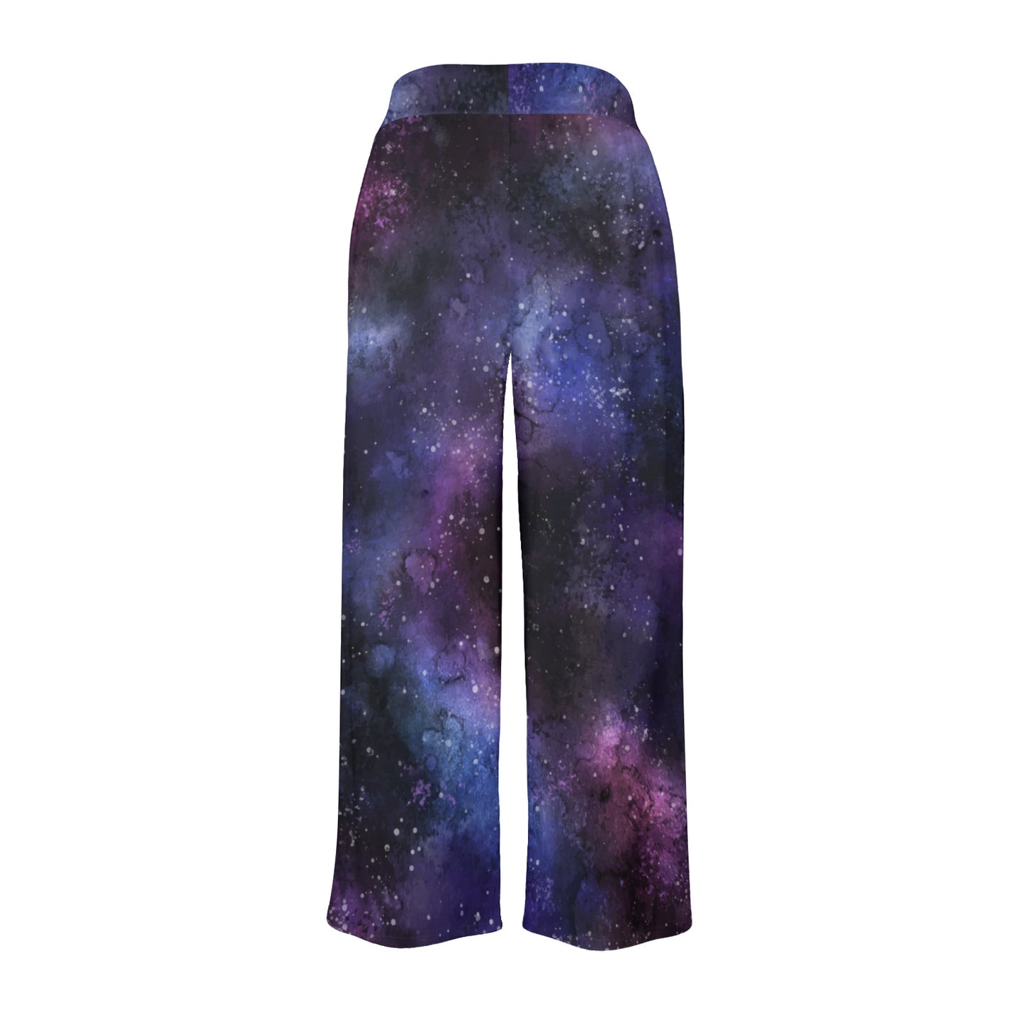 Galaxy Stars Women Wide Leg Pants Pockets, Space Purple Universe Print Yoga Trousers High Waisted Ladies Comfy Drawstring Lounge Flowy