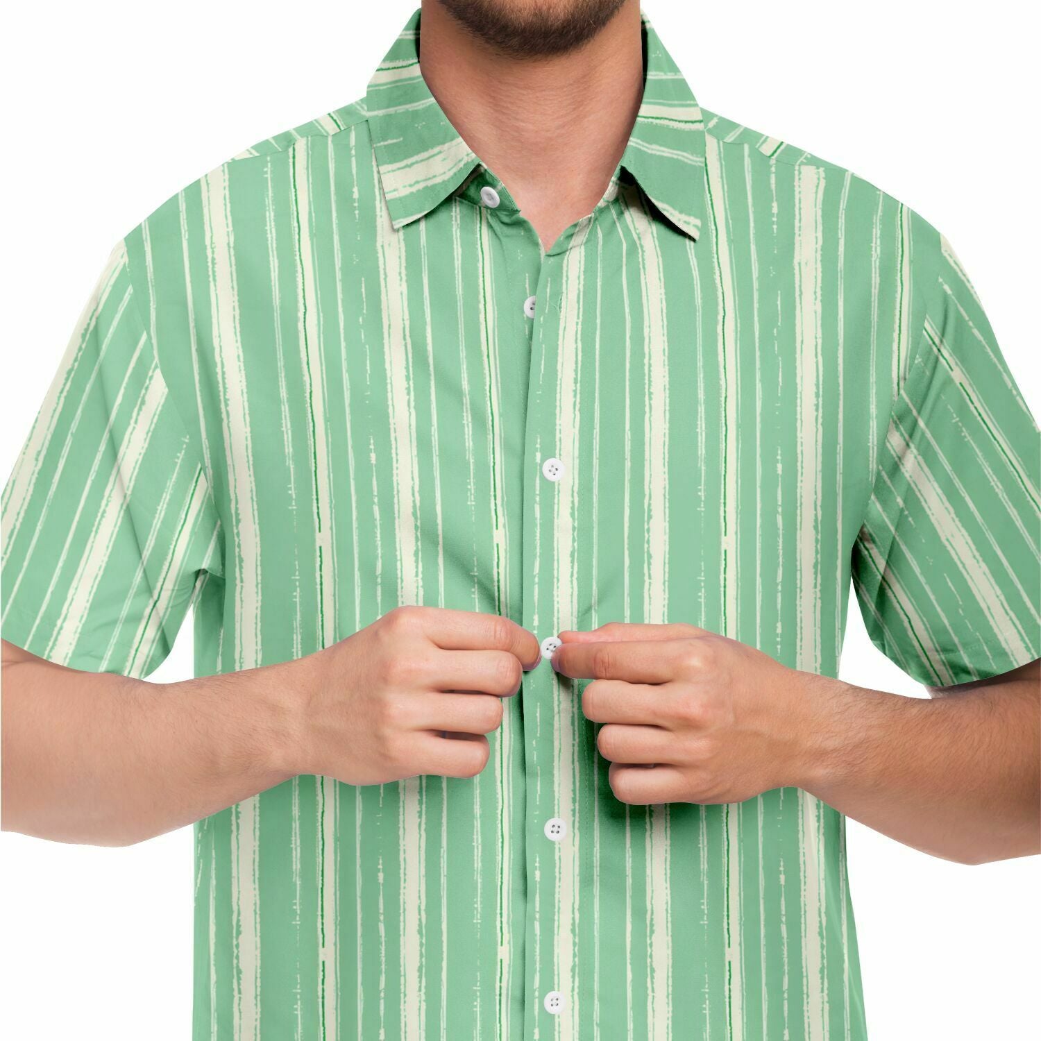 Mint Green Striped Men Button Up Shirt, Vertical Stripe Short