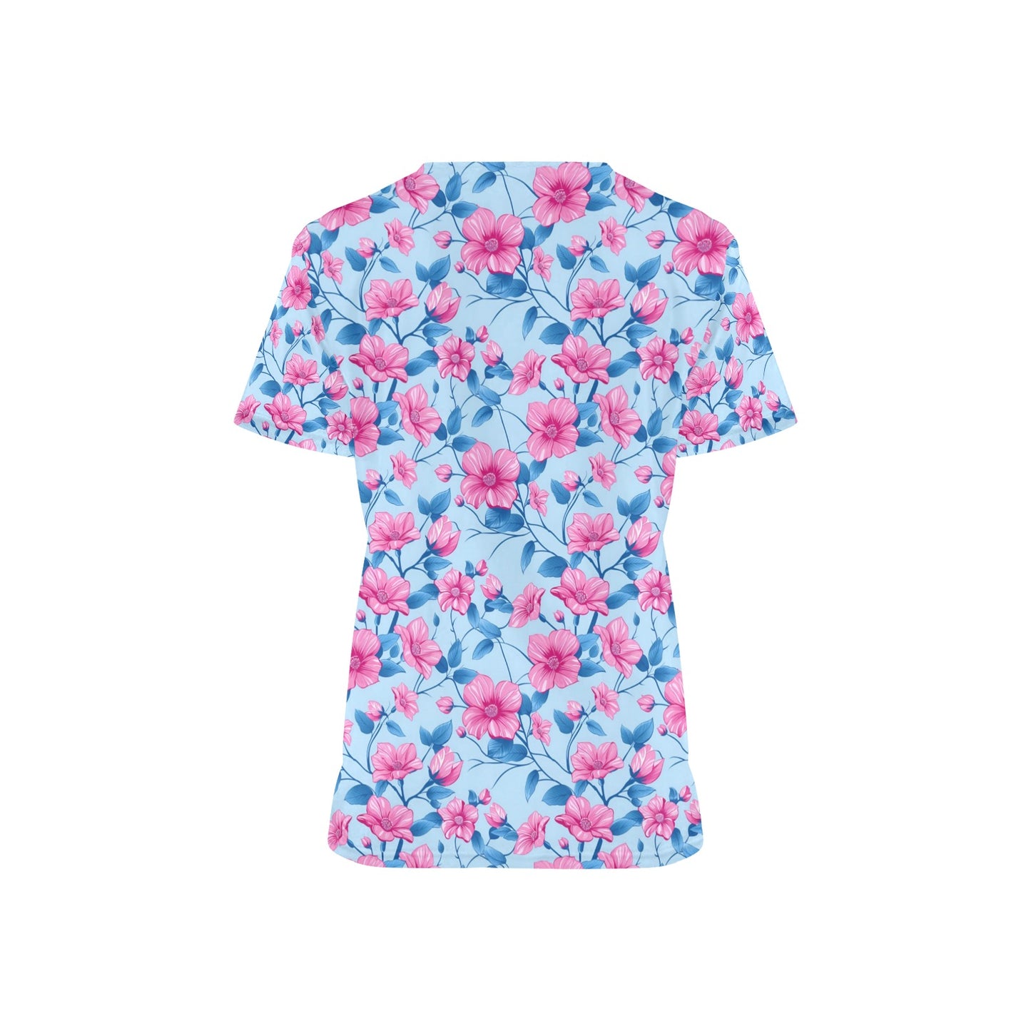 Pink Blue Floral Medical Scrubs Top Women, Flowers Ladies Female Plus Size Nursing Nurse Vet Veterinary Assistant Uniform Pockets
